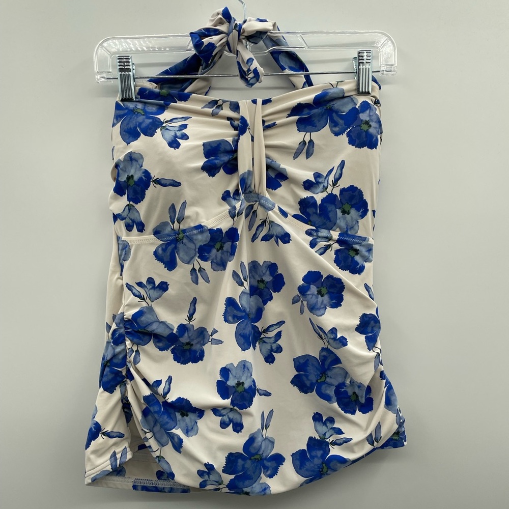 Lands' End white with blue floral tank Tini with tie neck